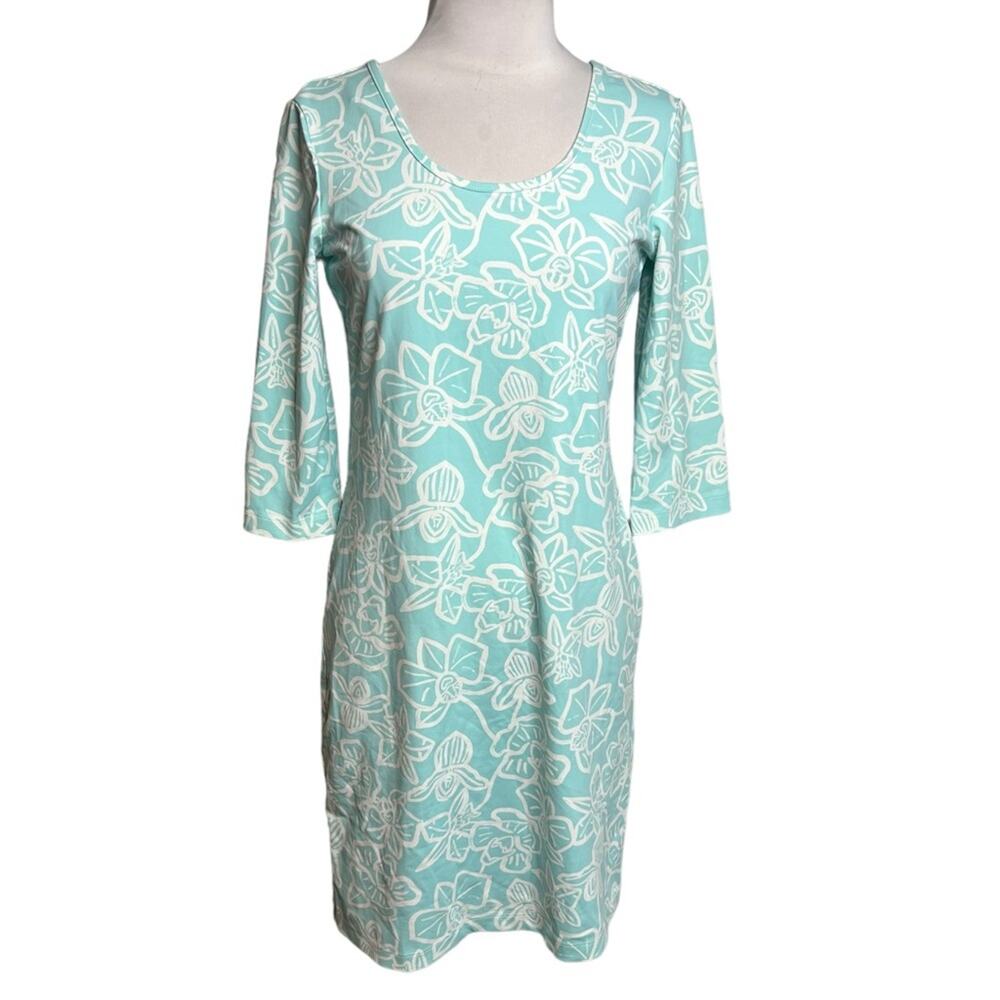Persifor Winthrop Dress Aqua White Floral Orchid Print 3/4 Sleeve Scoop Neck M